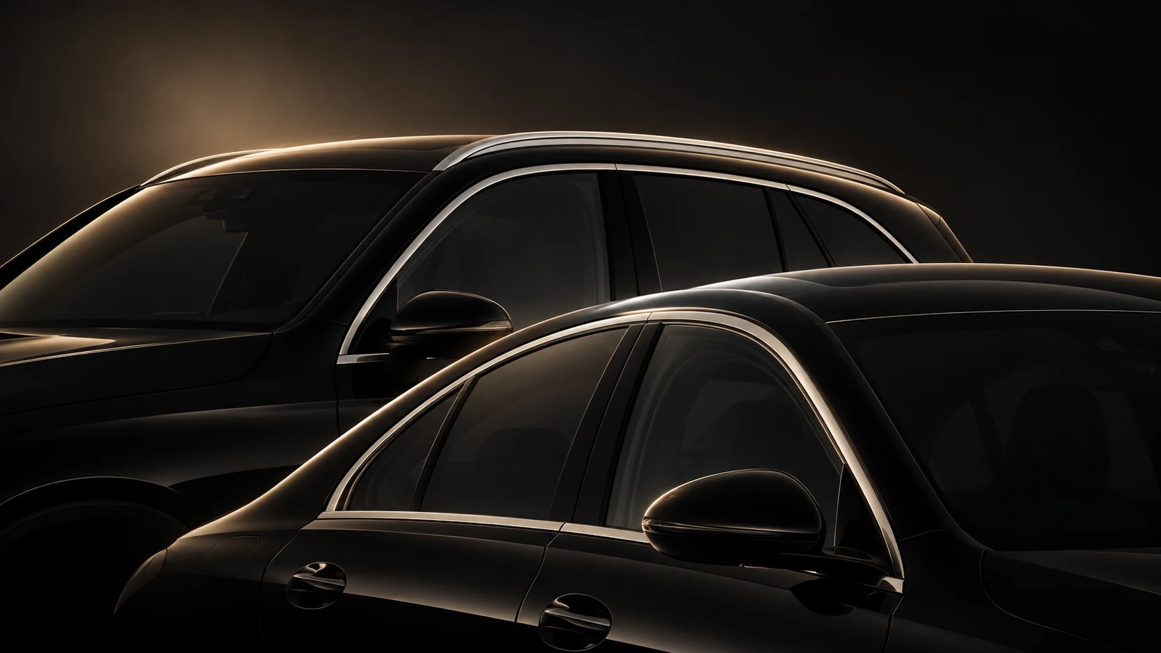 Mercedes-Benz GLC SUV and C-Class sedan roofline silhouettes in soft silver light.