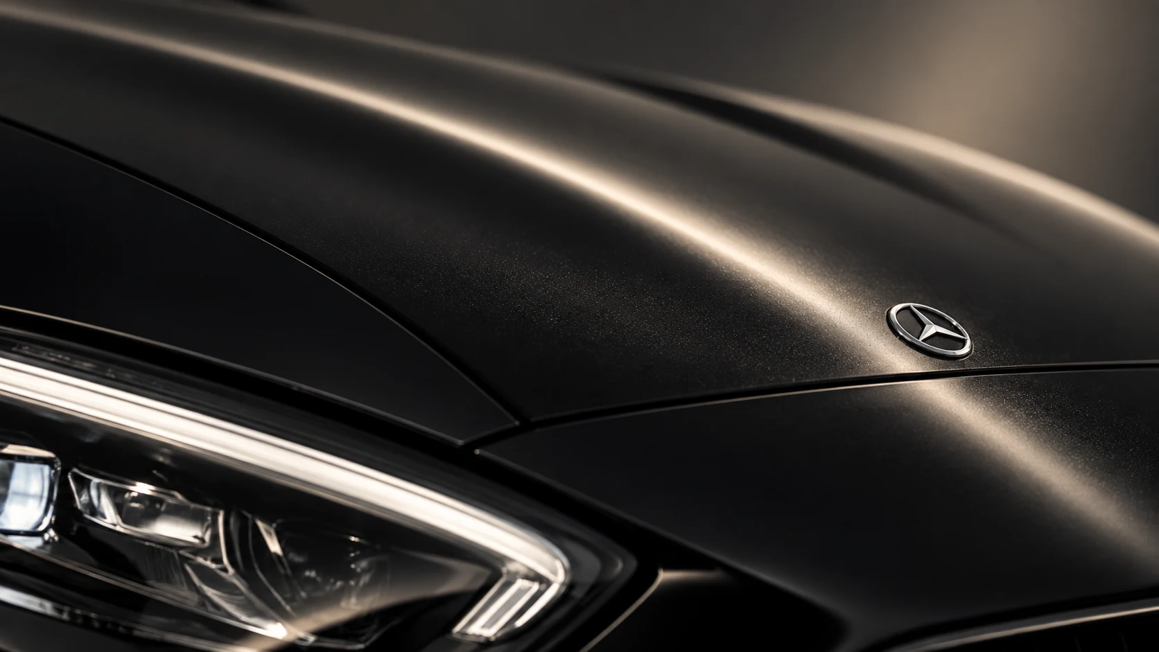 Close-up of a Mercedes-Benz C-Class bonnet badge and headlamp edge.