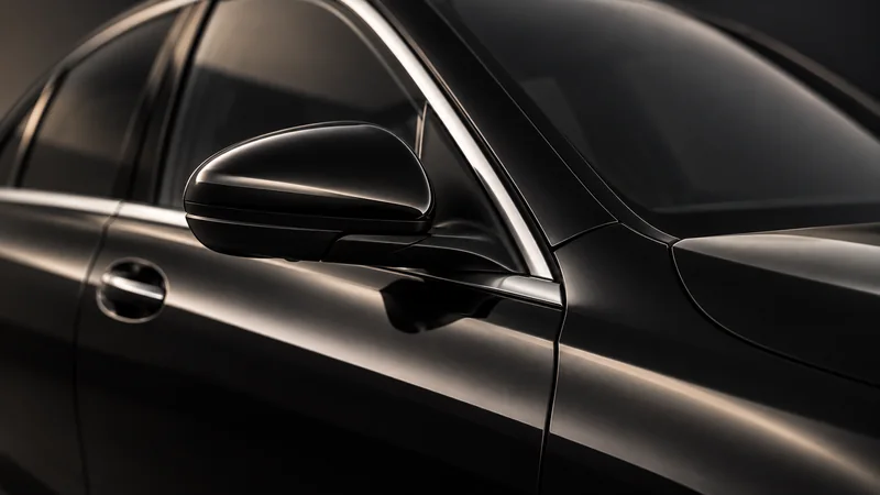 Mercedes-Benz C-Class mirror, window surround and paint finish detail.