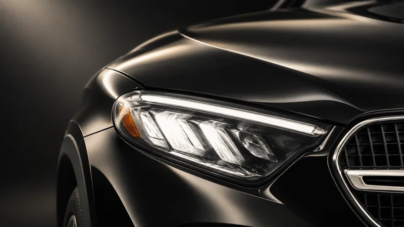 Close-up of a Mercedes-Benz GLC headlamp and bonnet in dark studio light.