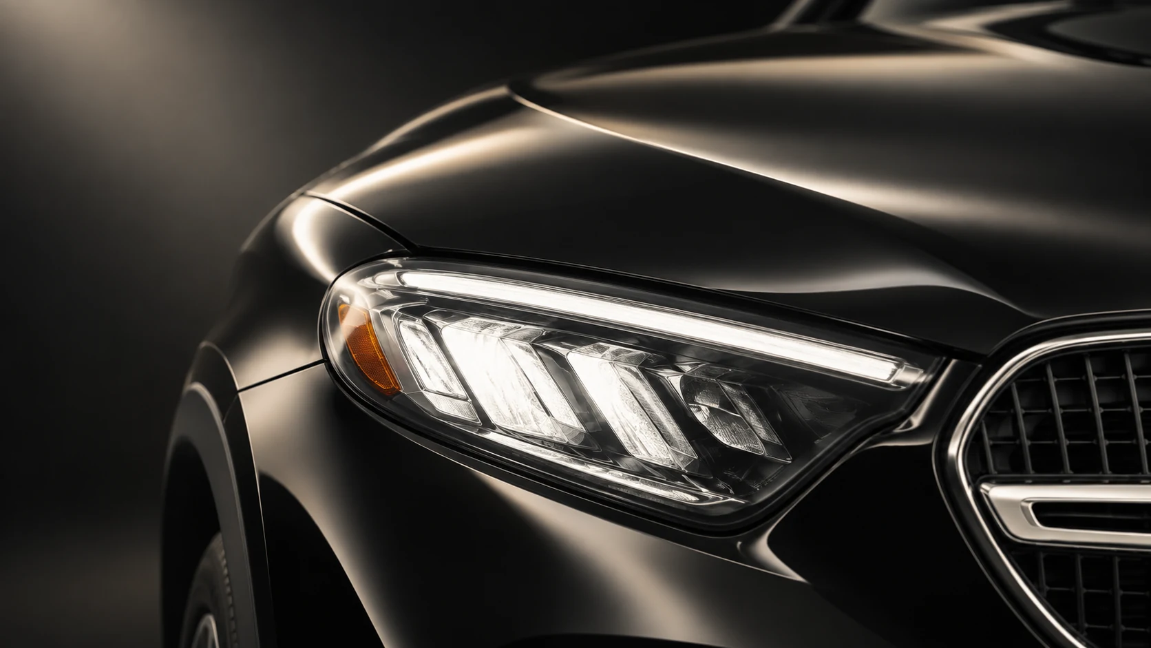 Close-up of a Mercedes-Benz GLC headlamp and bonnet in dark studio light.